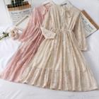 Ribbon-neckline Jacquard A-line Dress