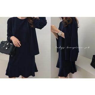 Set: Open-front Cardigan + Sleeveless Ruffle-hem Dress