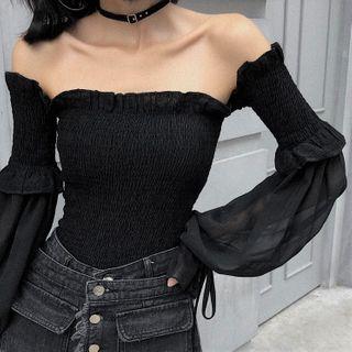 Off-shoulder Tie-cuff Smocked Blouse