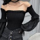 Off-shoulder Tie-cuff Smocked Blouse