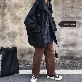 Button Jacket / Long-sleeve Plaid Shirt / Straight-cut Pants