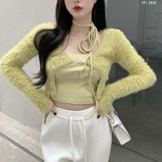 Halter-neck Lettering Cropped Camisole Top / Fluffy Cardigan