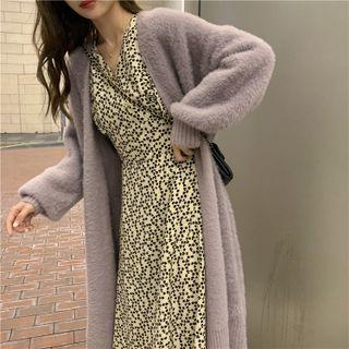 Long-sleeve Plain Knit Cardigan / Long-sleeve V-neck Floral Printed Midi Dress