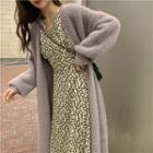 Long-sleeve Plain Knit Cardigan / Long-sleeve V-neck Floral Printed Midi Dress
