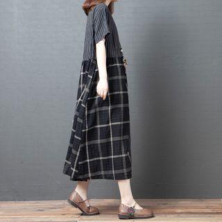 Short-sleeve Two-tone Midi Smock Dress
