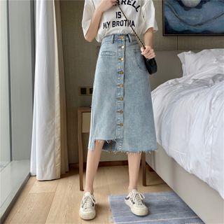 Asymmetric Ripped Midi A-line Denim Skirt