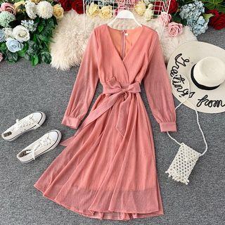 Long-sleeve Crinkled Ribbon A-line Midi Dress