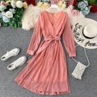 Long-sleeve Crinkled Ribbon A-line Midi Dress