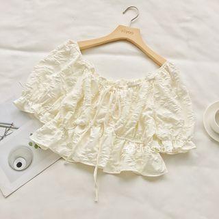 Puff-sleeve Shirred Drawstring Blouse Almond - One Size