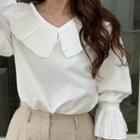 Long-sleeve Collared Ruffled Top White - One Size