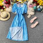 Slit Short-sleeve Floral Print Midi Dress Sky Blue - One Size