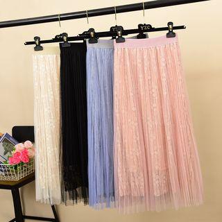 Mesh Overlay Midi A-line Lace Skirt