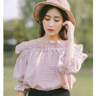 Check Off Shoulder Elbow-sleeve Top