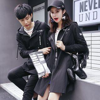 Couple Matching Lettering Strap Hooded Zip Jacket