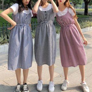 Crew-neck Short-sleeve T-shirt / Checked Spaghetti Strap A-line Dress
