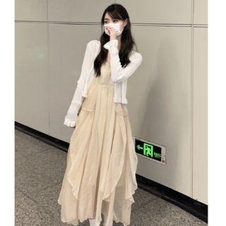 Plain Cardigan / Spaghetti Strap Maxi Dress