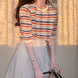 Short-sleeve Striped T-shirt / A-line Mini Skirt / Set