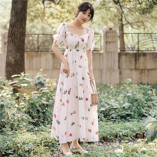 Puff-sleeve Floral A-line Maxi Dress