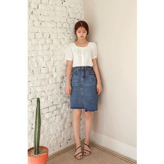 Asymmetric Fray-hem Denim Pencil Skirt