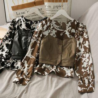 Set: Printed T-shirt + Faux-leather Camisole Top