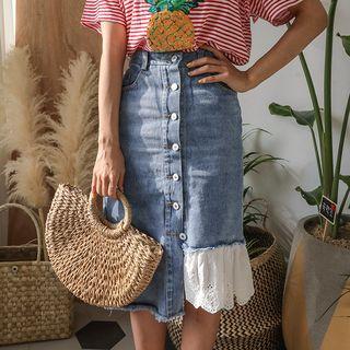Lace-detail Button-detail Denim Skirt