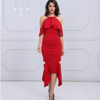 Cold-shoulder Ruffled Midi Mermaid Dress