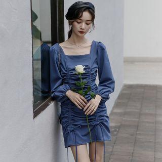 Long-sleeve Square Neck Drawstring Sheath Mini Dress