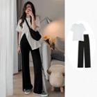 Set: Short Sleeve Asymmetrical Hem T-shirt + High Waist Wide-leg Pants