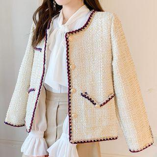 Long-sleeve Single-breasted Color Trim Tweed Cardigan