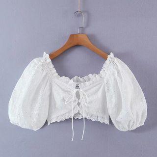 Puff-sleeve Ruffled Eyelet Blouse