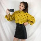 Dotted Blouse / Faux-leather A-line Skirt