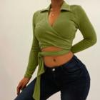 Long Sleeve V-neck Tie-waist Crop Shirt