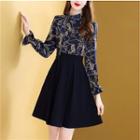 Long-sleeve Mock Two-piece Printed Mini A-line Dress