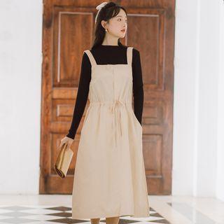 Long-sleeve Top / Drawstring-waist Midi A-line Overall Dress / Set