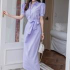 Set: Striped Puff-sleeve Blouse + Midi Straight-fit Skirt