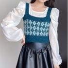 Set: Puff-sleeve Plain Blouse + Argyle Knit Tank Top