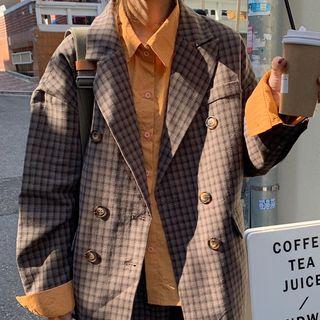 Plain Shirt / Plaid Double-breasted Blazer / Midi A-line Skirt