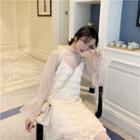 Set: Long-sleeve Organza Top + Spaghetti Strap A-line Dress Top - Almond - One Size / Dress - Almond - One Size