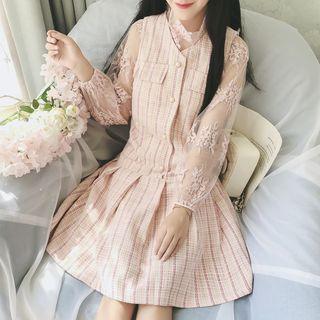 Set: Long-sleeve Embroidered Mesh Top + Plaid Pinafore Dress
