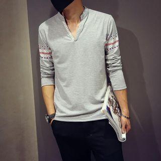 Split-neck Patterned Long-sleeve T-shirt