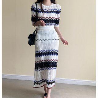 Short-sleeve Patterned Knit Top / Midi Knit Skirt