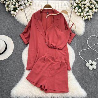 Set: Elbow Sleeve Blazer + Camisole + Wide Leg Shorts