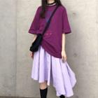 Dog Embroidered Elbow-sleeve T-shirt / Irregular Buttoned A-line Skirt