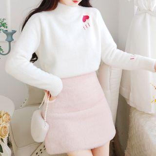 Mock-neck Heart Embroidered Sweater / A-line Skirt / Set