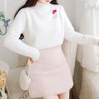 Mock-neck Heart Embroidered Sweater / A-line Skirt / Set