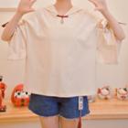 Cat Embroidered Elbow-sleeve Hooded T-shirt
