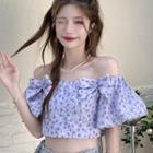 Short-sleeve Off-shoulder Floral Crop Top Purple - One Size