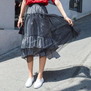 Band-waist Gingham Tulle Skirt