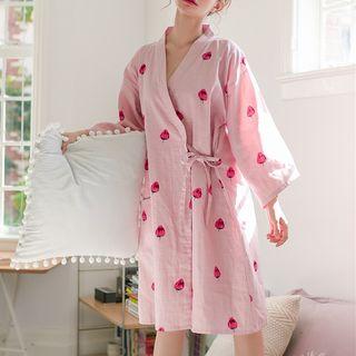 Long-sleeve Strawberry Print Tie-front Sleepdress