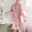 Long-sleeve Strawberry Print Tie-front Sleepdress